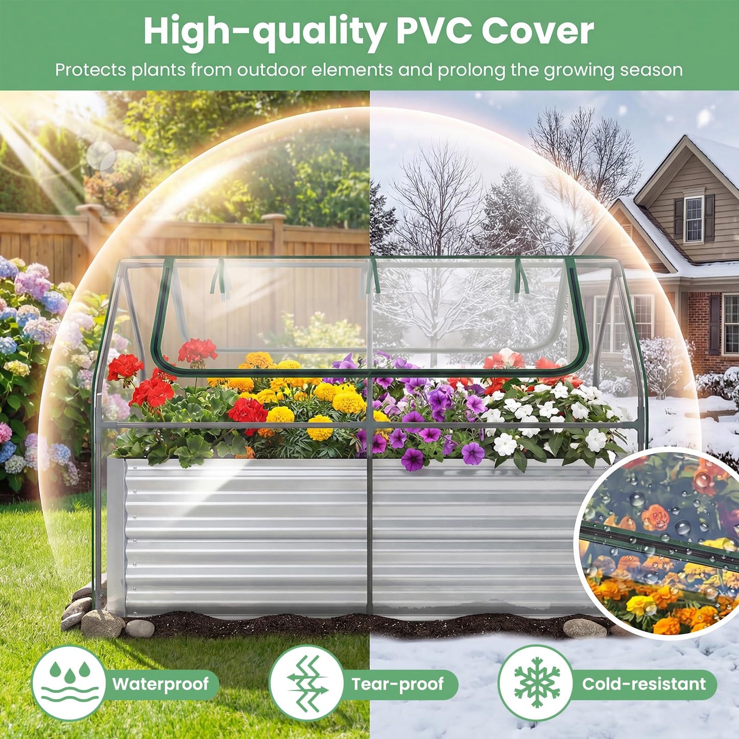 MAT EXPERT Raised Garden Bed with Cover, Mini Greenhouse Metal Planter Box w/PVC Cover, Roll-Up Windows & Mesh Screens, Outdoor Planter Box Kit for Vegetables, Flowers, Herbs (Silver, 72” x 36” x 48”)