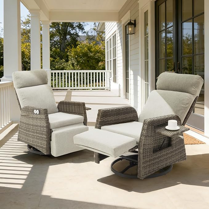 Adjustable Outdoor Recliner Chair with Independent Backrest & Footrest, Patio Swivel Recliner Chair, Wicker Reclining Patio Chair w/Flip-Up Table, 155° Lay Flat Chaise Lounge, Gray, 2PCS