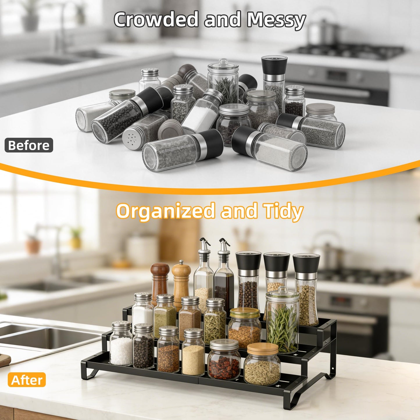 PEEKUP 3-Tier Spice Rack Organizer, 13"-21.5" Expandable Spice Organization Shelf, Metal Seasoning Organizer for Kitchen Countertop or Pantry, Slip-Resistant Design for Jars and Bottles, Black
