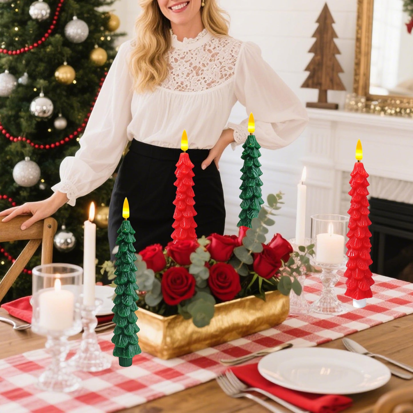 4 Pcs Christmas Tree Flameless Taper Candles with Timer Battery Operated Taper Candles Realistic Flickering Green LED Candle Red Tall ElectricTaper Candlesticks fo Halloween Home Decor festival Party