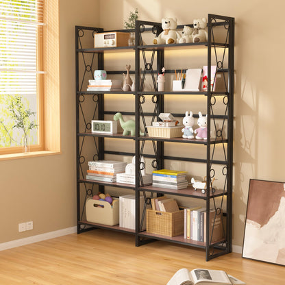 VECELO Folding Bookshelf,5 Shelf Bookcase No Assembly, Industrial Metal Frame Shelves Rack Organizer for Living Room, Office,Walnut 2 Set