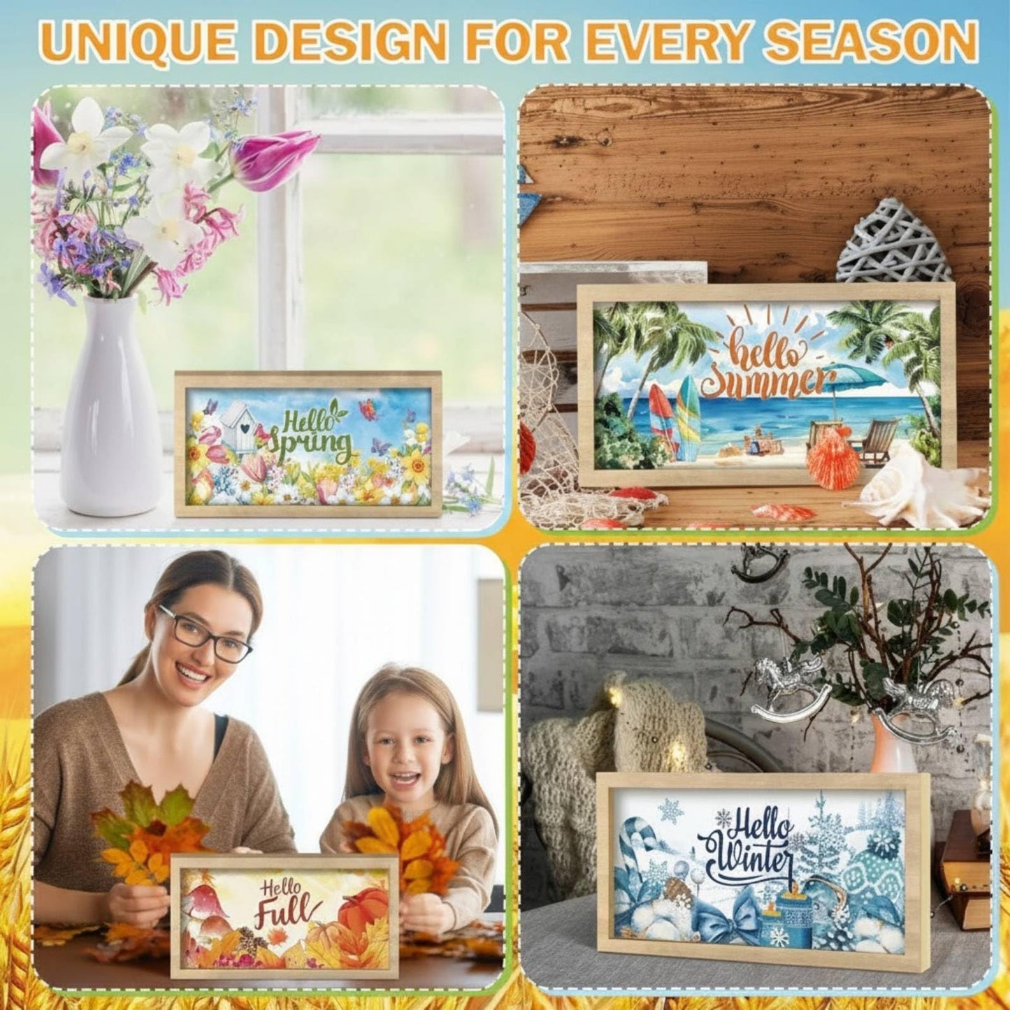 RattanView 25 Pcs 9.7 x 4.8" Interchangeable Seasonal Decor Holiday Sign Wooden Desk Table Decor Interchangeable Welcome Sign with Wooden Frame Wreaths for 4th of July Office Home Rustic Tiered Tray
