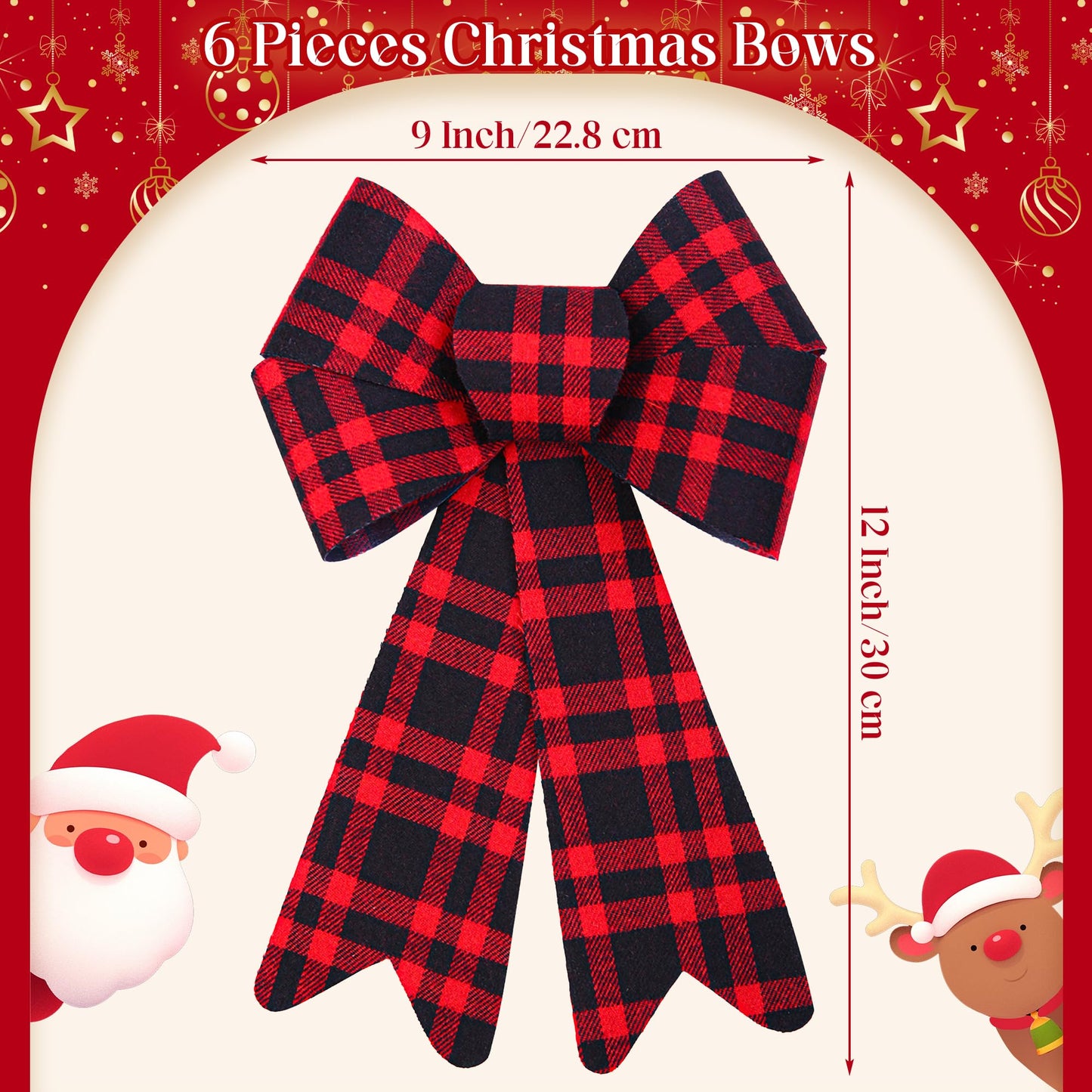 Aneco 6 Pieces Red Buffalo Plaid Christmas Bows for Holiday Wreaths, Xmas Velvet Decoration, Party