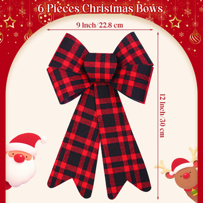 Aneco 6 Pieces Red Buffalo Plaid Christmas Bows for Holiday Wreaths, Xmas Velvet Decoration, Party