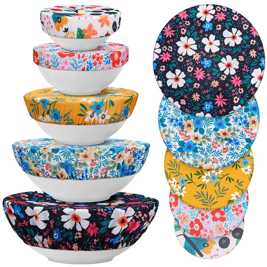10 Pack Cloth Bowl Covers for Bread Rising - 5 Size Stretch Elastic Food Storage Container Lids - Reusable Fabric Covers for Food, Fruits, Leftovers (Flower)