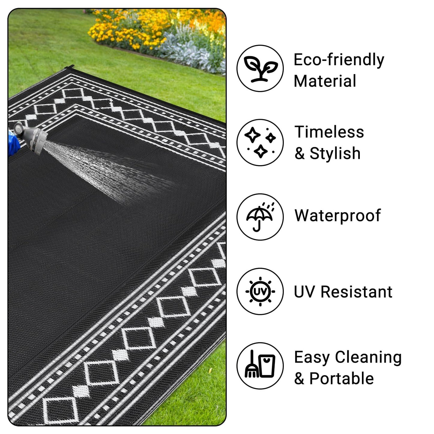 GlowSol 10x14 Outdoor Rug Waterproof Reversible Camping Mat, Plastic Straw Rug for RV Deck Backyard Porch Balcony Lawn & Beach, Easy Cleaning Outdoor Patio Rugs for Outside Decor, Black/White