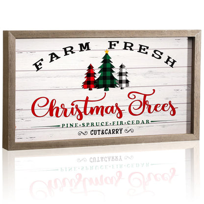 Christmas Signs Farm Fresh Christmas Trees Wood Sign Rustic Farmhouse Holiday Decor with Wooden Frame Buffalo Plaid Xmas Winter Hanging Wall Decor for Home Party Living Room Fireplaces Table Decor