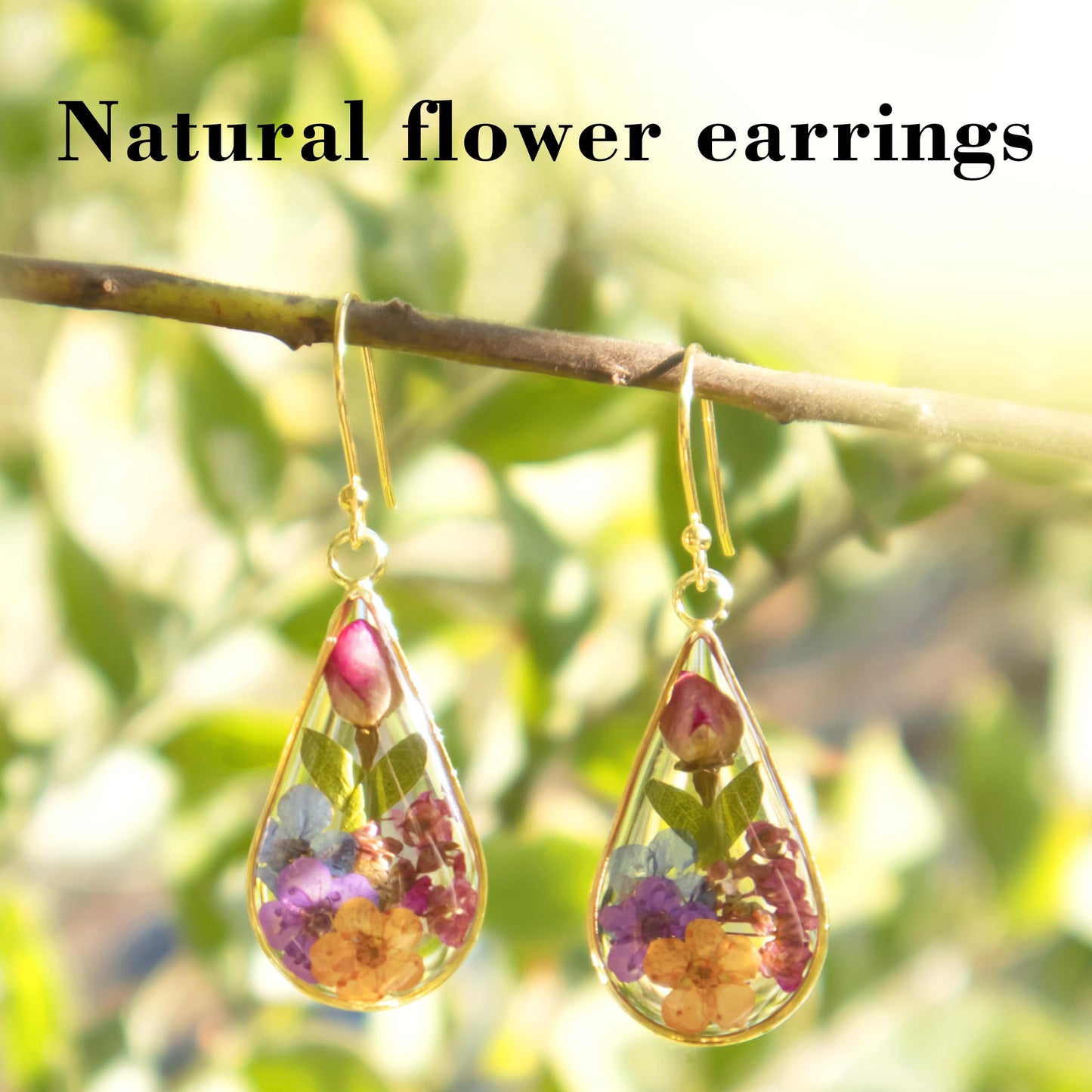 925 Sterling Silver Pressed Flower Teardrop Earrings,Hypoallergenic Women's Jewelry Gift for Mom and Wife,Handmade Natural Dried Flower Teardrop Earrings Jewelry Gift