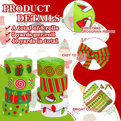 JarThenaAMCS 8 Rolls Christmas Grosgrain Ribbons 7/8" Red Green Xmas Candy Cane Light Bulb Santa Hat Dot Stripe Fabric Craft Ribbon for Holiday Birthday Wreath Bow Gift Wrap Party Decor, 40 Yards