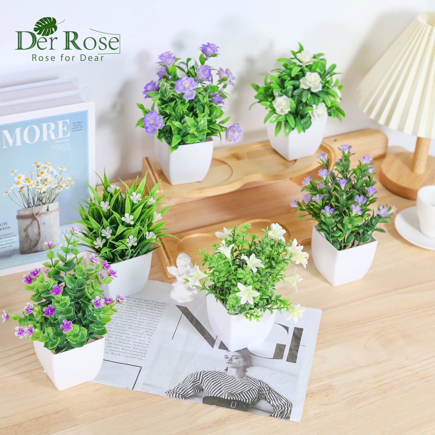 Der Rose 6 Pack Small Fake Plants Mini Artificial Faux Plants with Flowers for Home Room Farmhouse Bathroom Decor Indoor