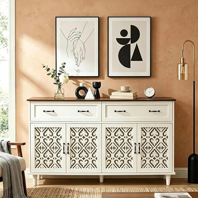 59″ White Bohemia 4 Heart Shaped Carved Doors, 2 Drawers and 2 Adjustable