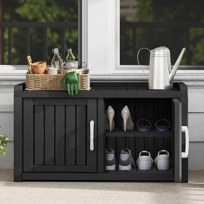 2-Tier Storage Bench, Waterproof UV-Resistant Outdoor Shoe Storage Cabinet with 2 Doors & Adjustable Shelves for Indoor Outdoor Entryway, Hallway, Living Room (Midnight Black)