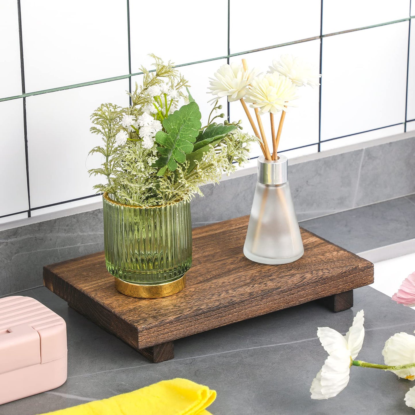 Nuogo Wood Riser Tray Soap, Stand Soap Tray for Kitchen Sink, Wood Pedestal for Kitchen Counter Sink Stand Decorative Rustic Bathroom Dishes Plant Bottles Candles Display(9 x 6 Inch,Brown)