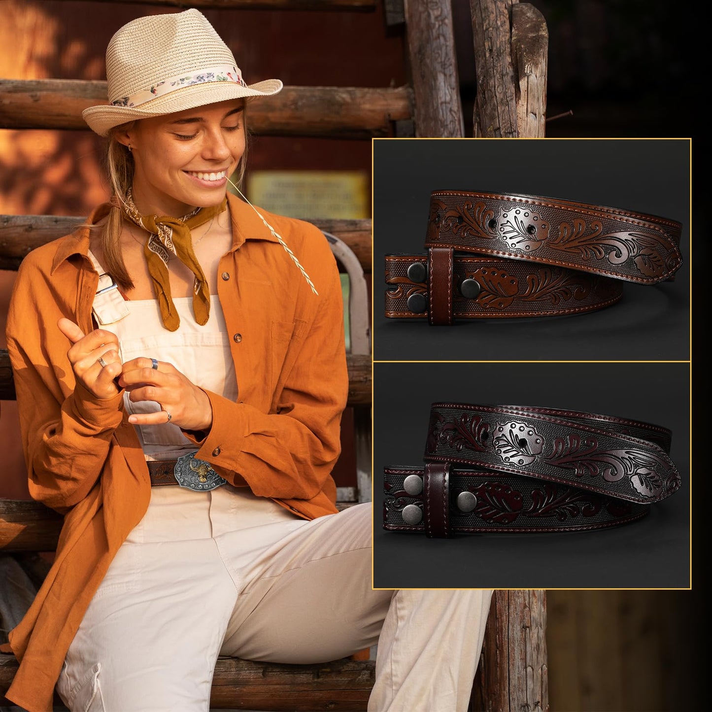 SANSTHS 2 Pack Western Belts for Men without Buckle, Cowboy Belt for Buckle Western Leather Belt Straps for Jeans, Coffee & Brown