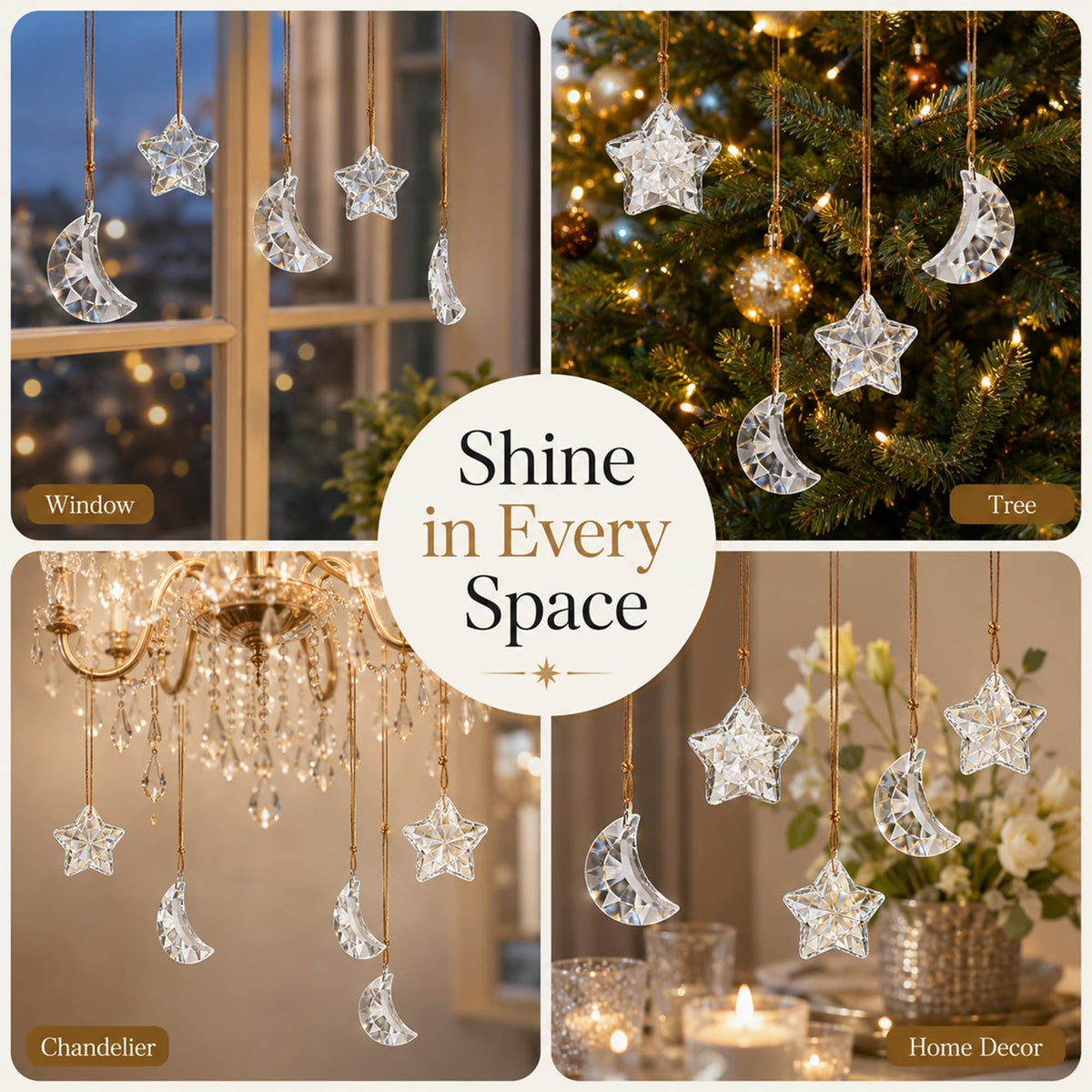 LOULIQIGIFT 12pcs Glass Star and Moon Ornaments Clear Hanging Crystal Prisms Ornaments for Chandelier Parts Home Office Window Decor for Mother's Day Birthday Party