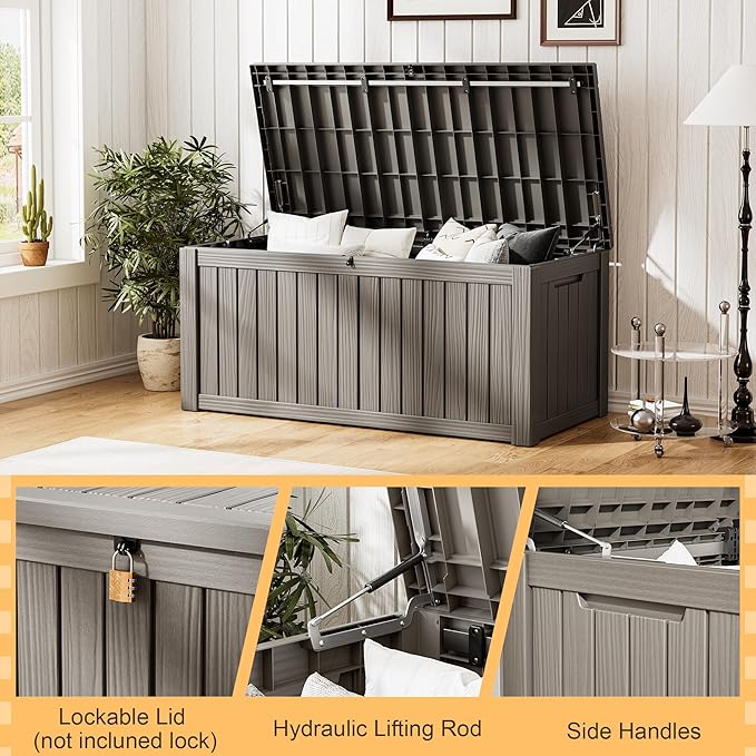 Outdoor Storage Box, Resin Deck Boxes Indoor and outdoor, Waterproof Storage Box Lockable Lid (Grey, 120 Gallon)
