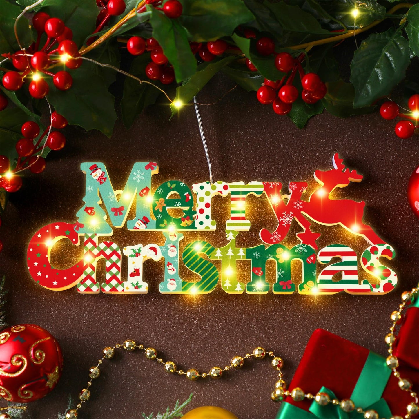 VIHOSE Merry Christmas Wooden Sign with LED Light 11" Merry Christmas Sign Xmas Hanging Ornaments LED Farmhouse Wooden Decorations for Holiday Indoor Outdoor Wall Window Home