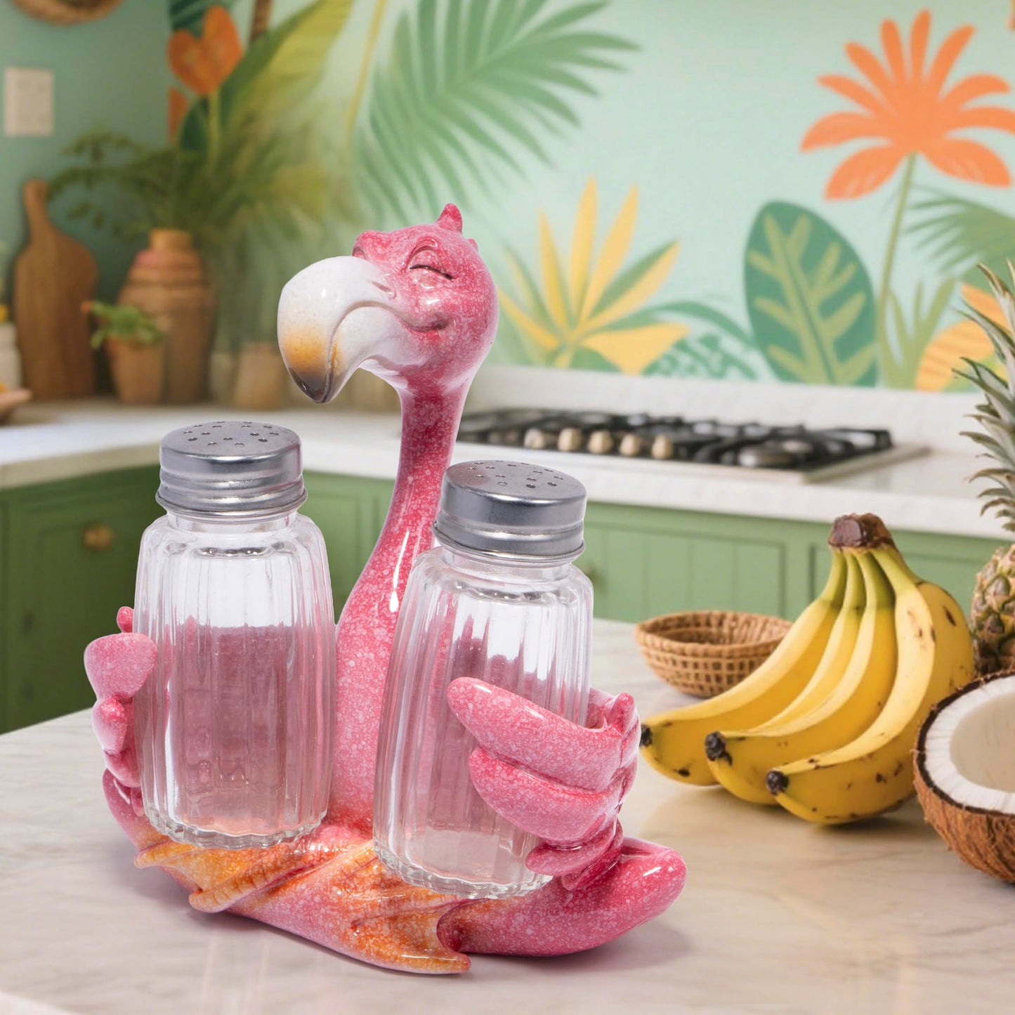 Hodao Flamingo Figurines Decorations with Salt and Pepper Shaker Flamingo Set with Holder Figurines for Summer Beach Bar and Tropical Kitchen Decor Table Decorations for Home Gifts