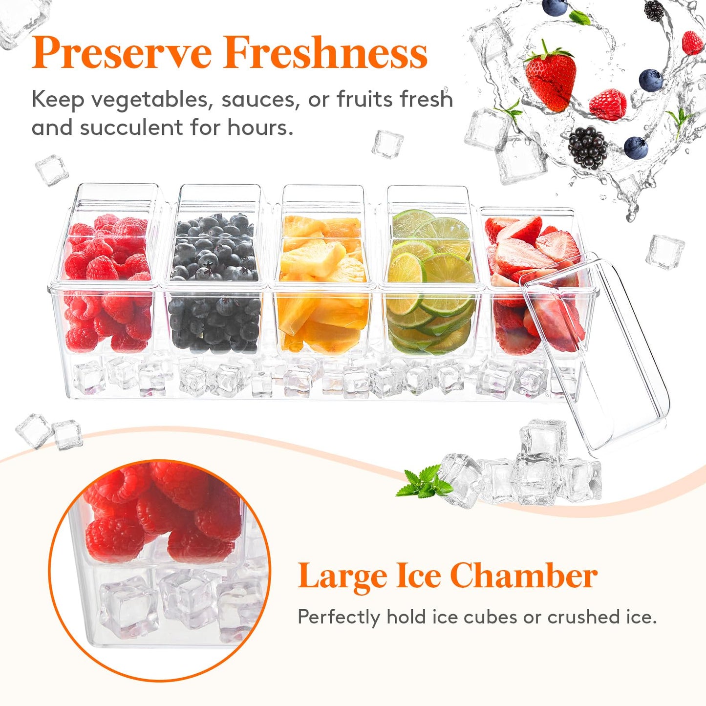 Lifewit Chilled Condiment Caddy with 5 x 20 oz Containers, Compact 15" Garnish Tray with Lids for Bartenders, Taco Bar Party Serving Set & Dirty Soda Bar Supplies, Ideal for Fruit, Salad, Toppings