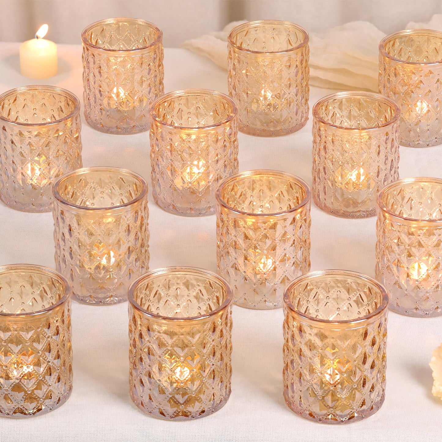 MATAHUM 12 Pcs Large Votive Candle Holders 2.8 * 3.2 inch Gold Tea Light Candle Holders Glass Candle Holder for Bridal Shower, Wedding, Table Centerpiece, Party, Home Decor