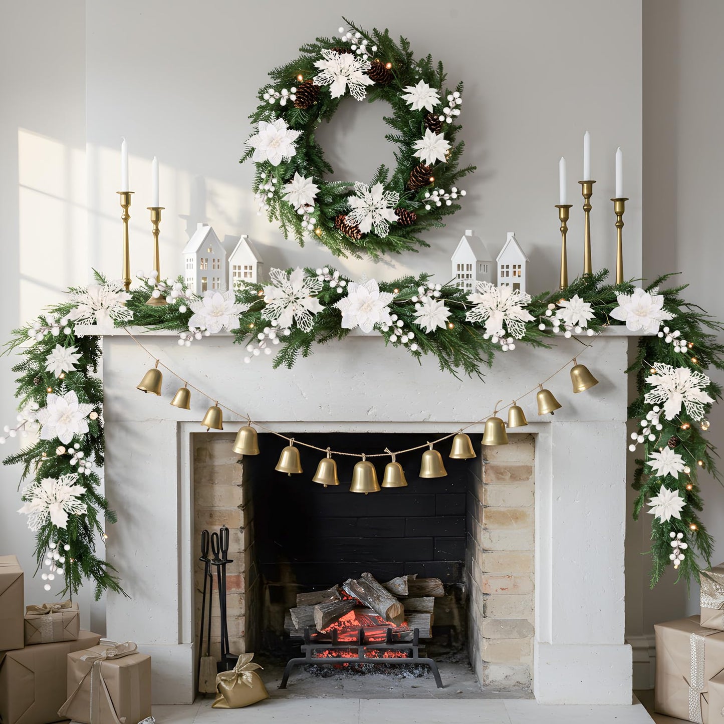 N&T NIETING 24 Pcs Christmas Poinsettia Artificial Flowers & Glitter Berries Stems Kit Christmas Floral Picks Christmas Tree Garland Wreath Filler Ornaments for Home Party Xmas Decor, White
