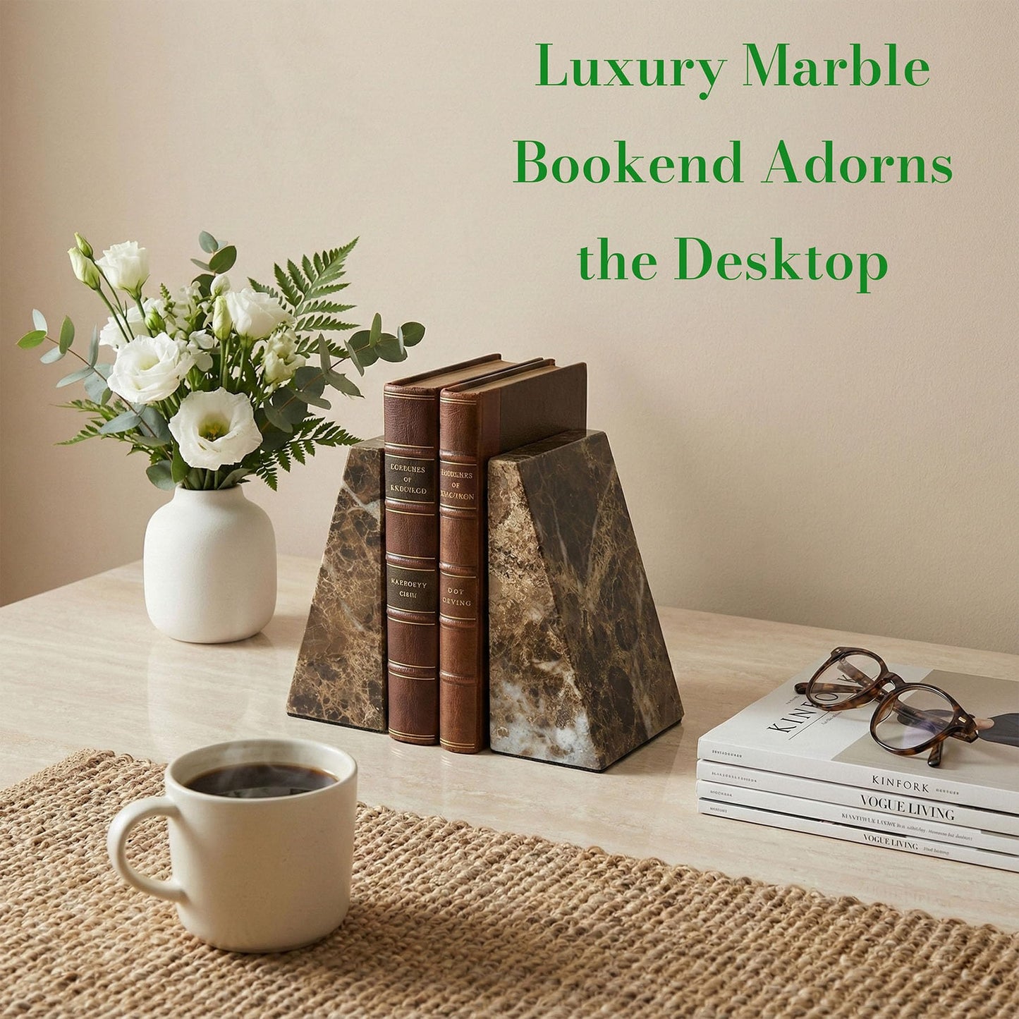 Decorative Bookends for Bookshelves, Set of 2 Marble Bookends for Living Room, Office, Bedroom, Heavy Duty,2 Pieces, Brown