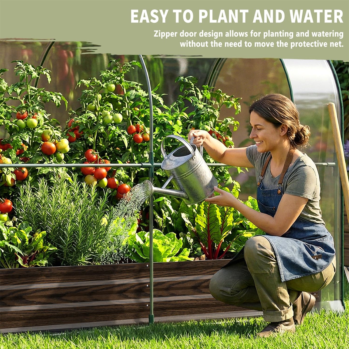 SUNYRISY Galvanized Raised Garden Bed with Greenhouse, Outdoor Metal Planter Box with Plant Bed Cover, Garden Box Protection for Gardening Vegetables Flowers Herbs Planting, Wood Grain