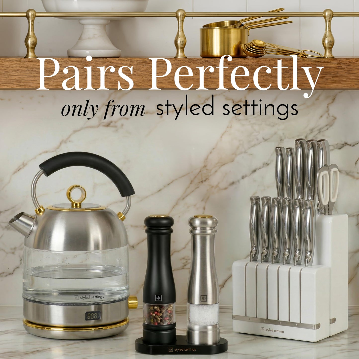 Electric Salt and Pepper Grinder Set - Styled Settings Electric Salt and Pepper Shakers, Automatic Stainless Steel Set with LED Light, Battery Operated, Adjustable Coarseness, Wood Base