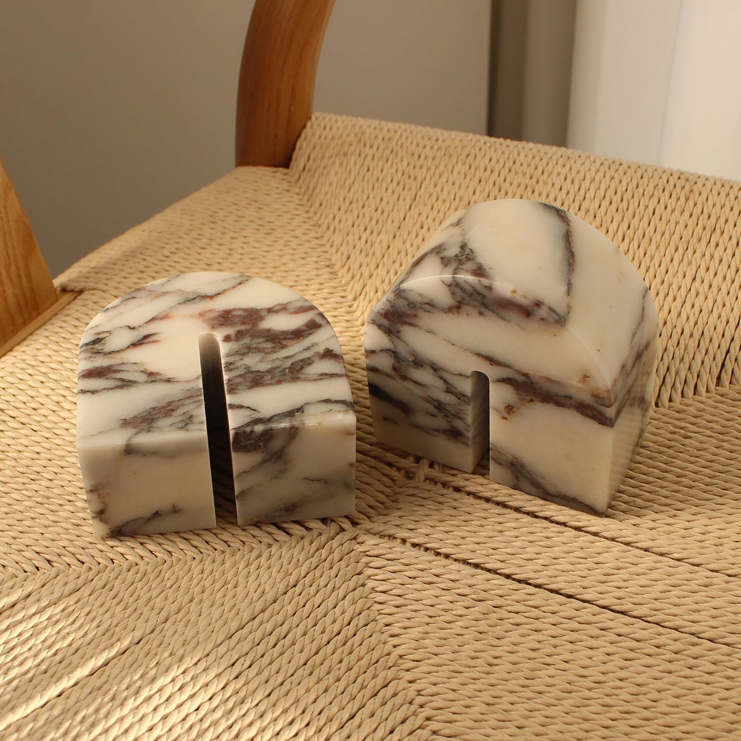 Set of 2 Natural Calacatta Viola Marble Bookends for Shelves, Decorative Book Ends for Heavy Books, Book Stopper Office Bookshelf Decor for CDs/Video Games