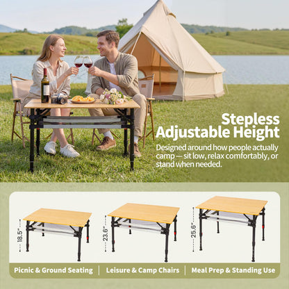 Join Nature 31.5'' Bamboo Folding Camping Table, Adjustable Height Folding Outdoor Table with Aluminum Frame & Mesh Storage, Portable Camp Table with Carry Bag for Camping, RV, Tailgating & Backyard