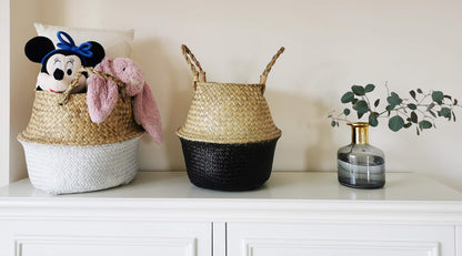 Seagrass Belly Basket Woven Plant Pot with Handles Natural Foldable for Storage Laundry Blankets Toys (Natural + Black)
