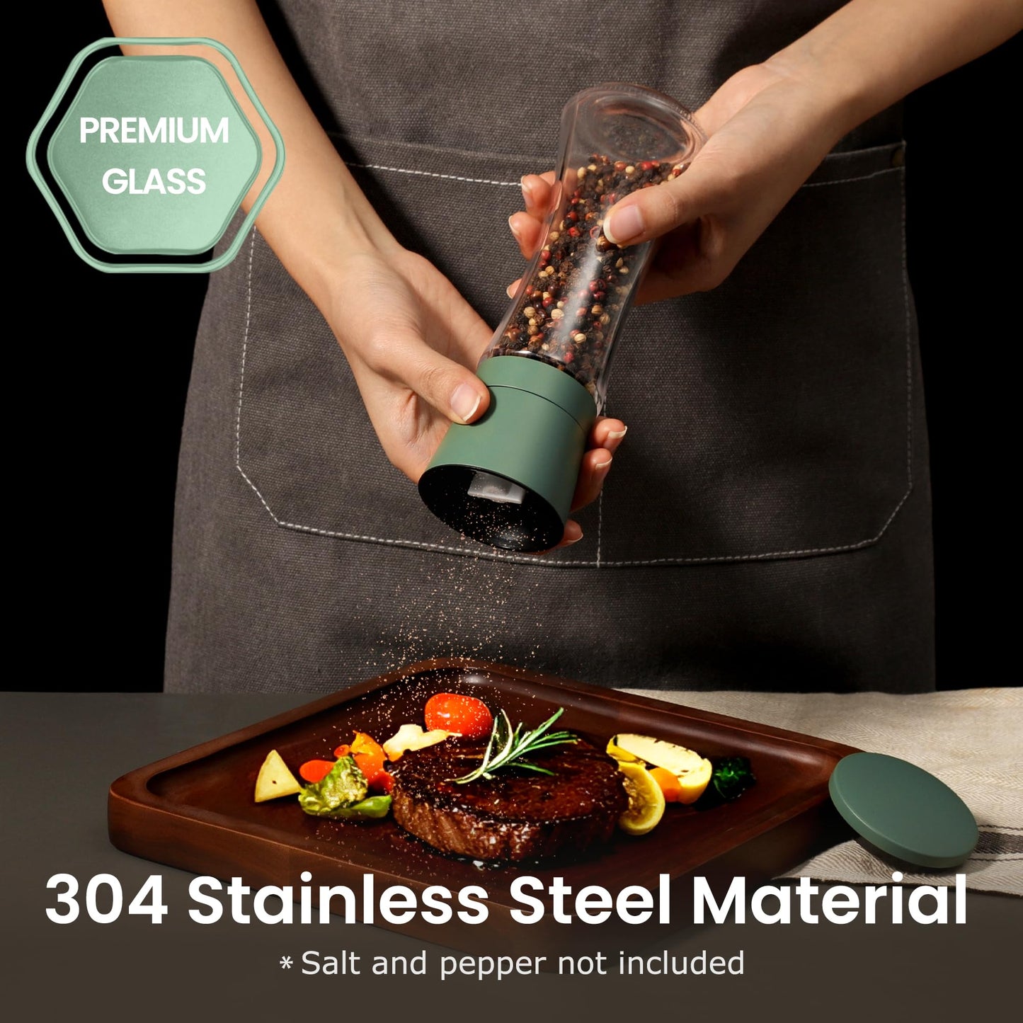 VEVOK CHEF Green Salt and Pepper Grinder Mill Set Stainless Steel Pepper Shaker Adjustable Ceramic Coarseness Salt Grinder Black Pepper Spice Grinder Mill