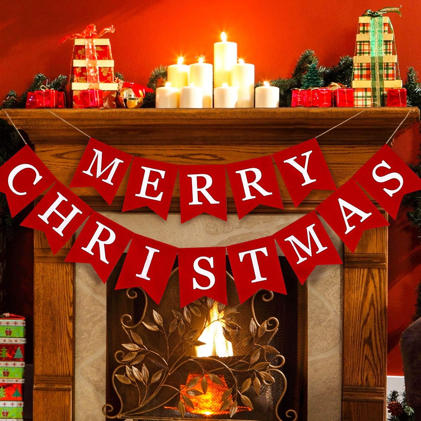 Whaline Merry Christmas Canvas Banners, Red Christmas Bunting Garland, Hanging Xmas Decorations for Fireplace Wall (13ft in Total)