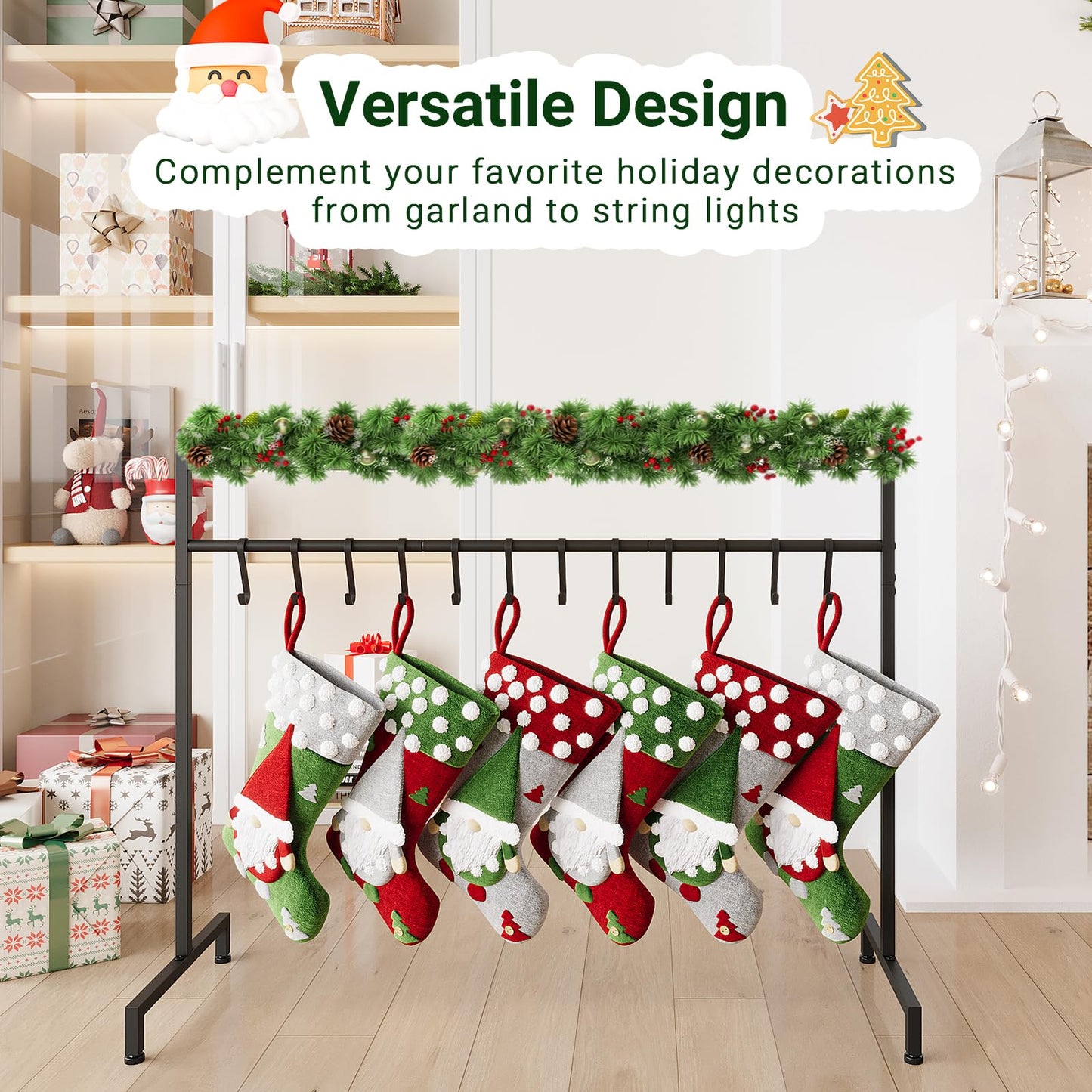 ELYKEN Christmas Stocking Holder Stand, Freestanding Stocking Rack with 12 Removable Hooks, Heavy Duty Metal Christmas Stocking Stand for Floor, Weighted Stocking Holder with Adjustable Feet, Black