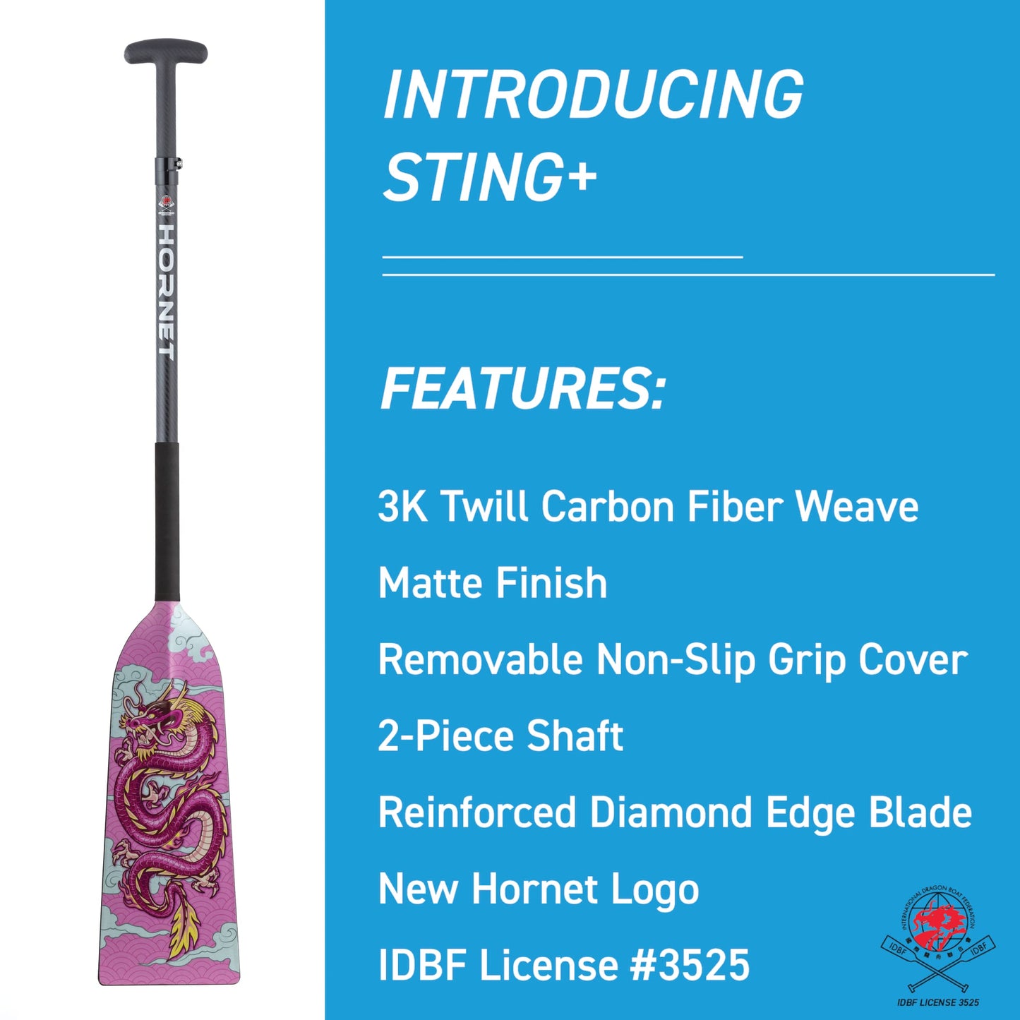 Hornet Watersports Dragon Boat Paddle - Pink Dragon - Adjustable Carbon Fiber Dragon Boat Paddle - IDBF Approved - Dragon Boat Accessories - Dragonboat Paddles (Clamp Adjustable)