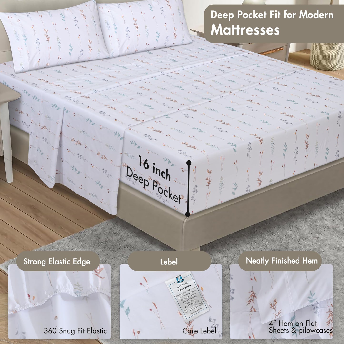 ZOYER 100% Cotton Percale Sheets Full Size – Cooling Breathable Bed Sheets for Hot Sleepers, Crisp Hotel Style Bedding, Deep Pocket 16”, Lightweight Soft Durable 4 Pcs Sheet Set, Fairy Meadows