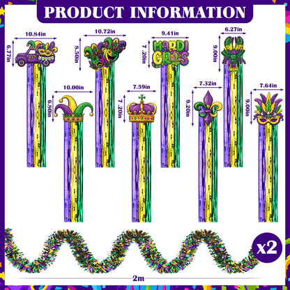 Gemscream 10 Pack Mardi Gras Decorations Set Mardi Gras Party Supplies Includes 8 Pcs Tassel Hanging Swirls and 2 Pcs 6.6ft Garland Hanging Outdoor Decor for Carnival Festival Home Garden Yard Decor