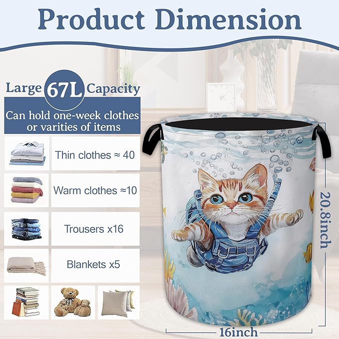 Cute Cat Laundry Basket, Foldable Oxford Cloth Sea Turtle Fish Coral Laundry