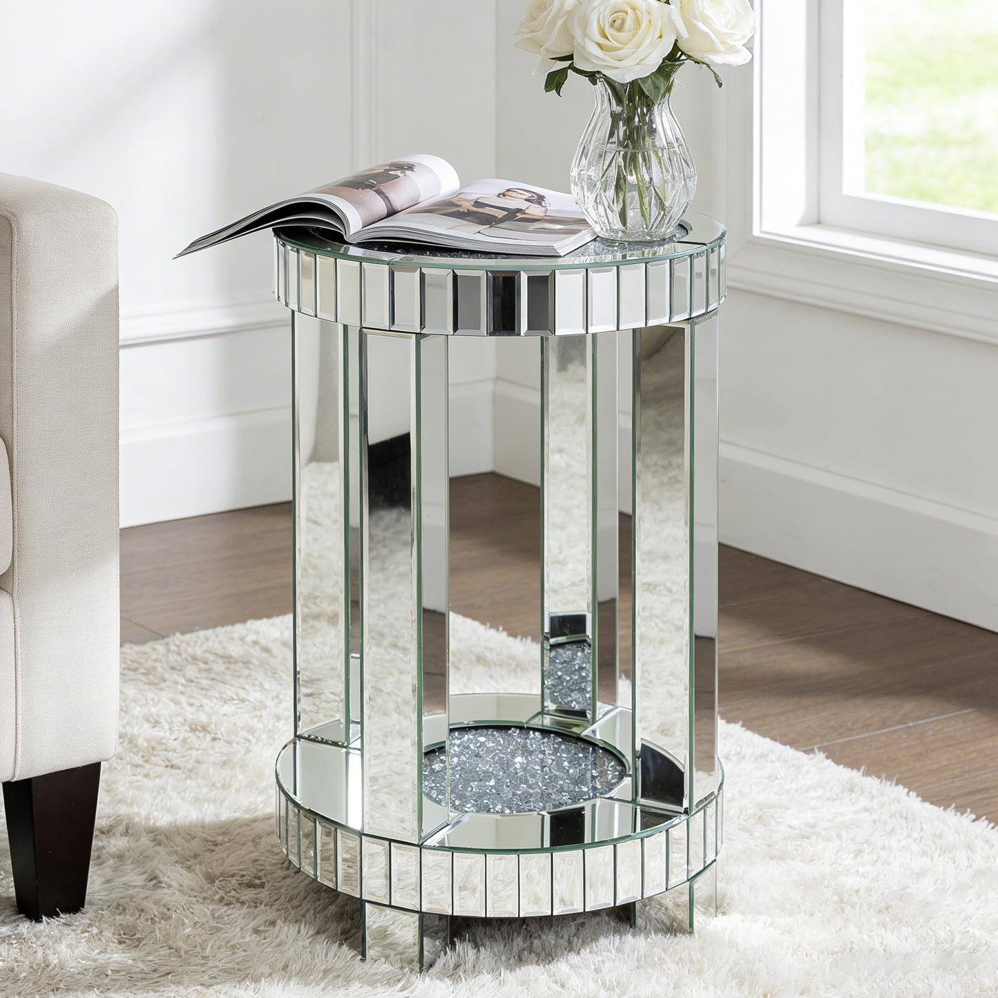 SHYFOY Mirrored Round End Table with Crystals Inlay, 2-Tier Modern Glass Small Sofa Table with Storage, Silver Accent Table for Living Room, Bedroom and Small Spaces