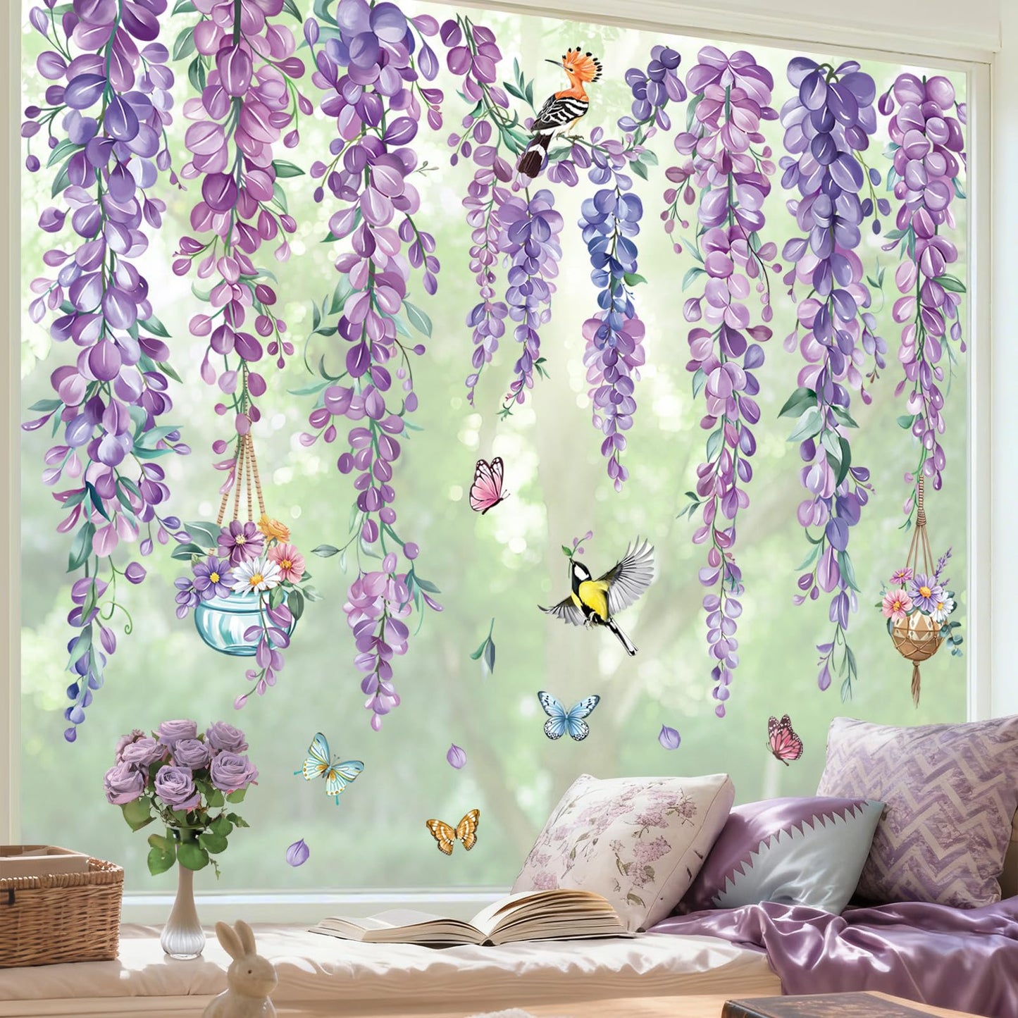 decalmile Spring Summer Purple Flower Hanging Vine Double Sided Window Clings Wisteria Floral Anti-Collision Glass Doors Window Stickers Decals