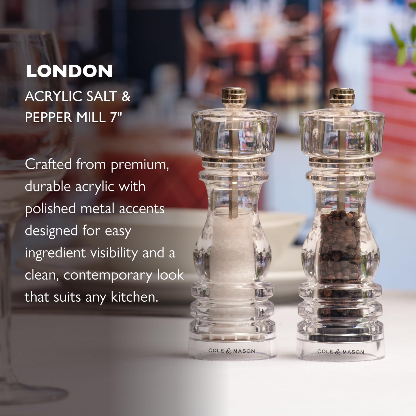 Cole & Mason London Refillable Spice Mill - Kitchen & Home Accessory - Salt & Pepper Grinder Set - Salt Mill with Ceramic Mechanism - Pepper Mill with Carbon Steel Mechanism - 7", Acrylic