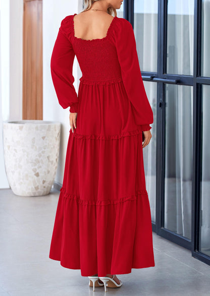 PRETTYGARDEN Fall Wedding Guest Dresses for Women 2025 Long Sleeve Square Neck Tiered A Line Modest Elegant Flowy Dresses (Red,Small)