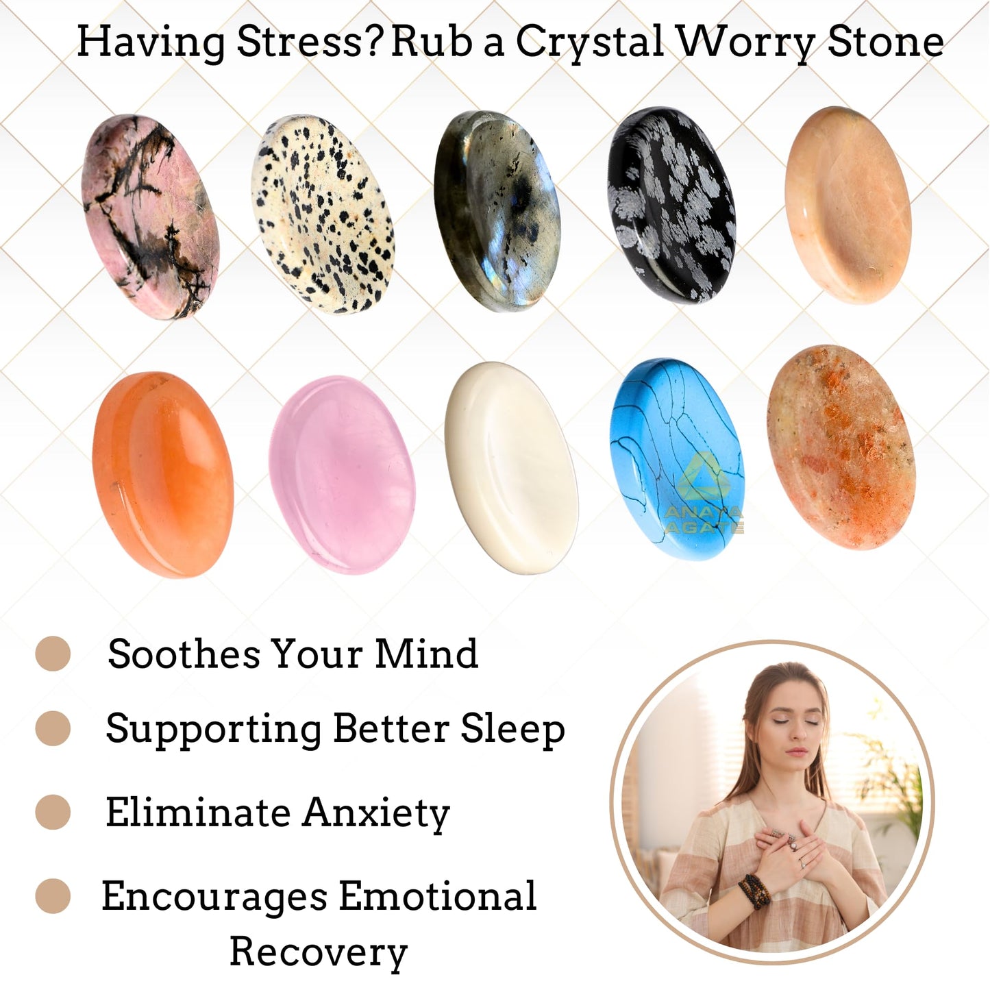 Anaya Agate Pack of 12 Worry Stones Bulk Set – Wholesale Bulk Crystal Thumb Worry Stone for Anguish, Stress – Relaxing and Soothing Balance Stones for Meditation – Healing Stones for Women and Men