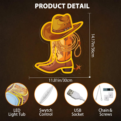 Cowboy Boot with Hat Lasso Neon Signs for Wall Decor, Led Pink Cowgirl Boot Neon Sign, Aesthetic Western Wall Art, Cowboy LED Sign for Room Bedroom Party Bar Decor Birthday Christmas Gifts (Golden)