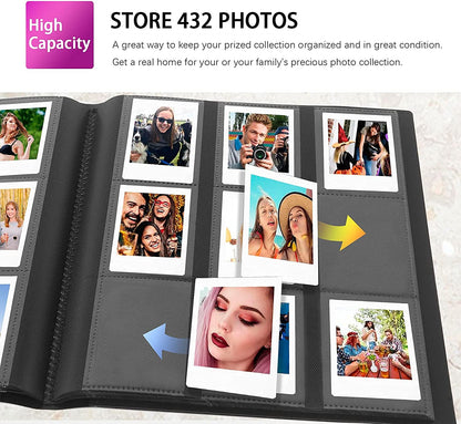 432 Pockets Photo Album for Fujifilm Instax Mini Camera, Polaroid Camera, for Fujifilm Instax Mini 12 11 9 40 99 90 8 7 Evo LiPlay Instant Camera, Polaroid Snap PIC-300 Z2300 Instant Camera (Black)
