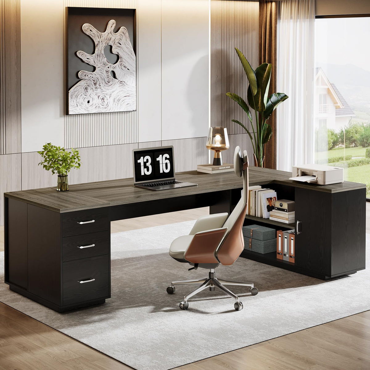 Tribesigns 85.8-Inch L-Shaped Executive Office Desk with File Drawers & Storage Cabinet, Professional Corner Computer Desk Extra Large Business Workstation with Adjustable Shelves (Gray&Black)