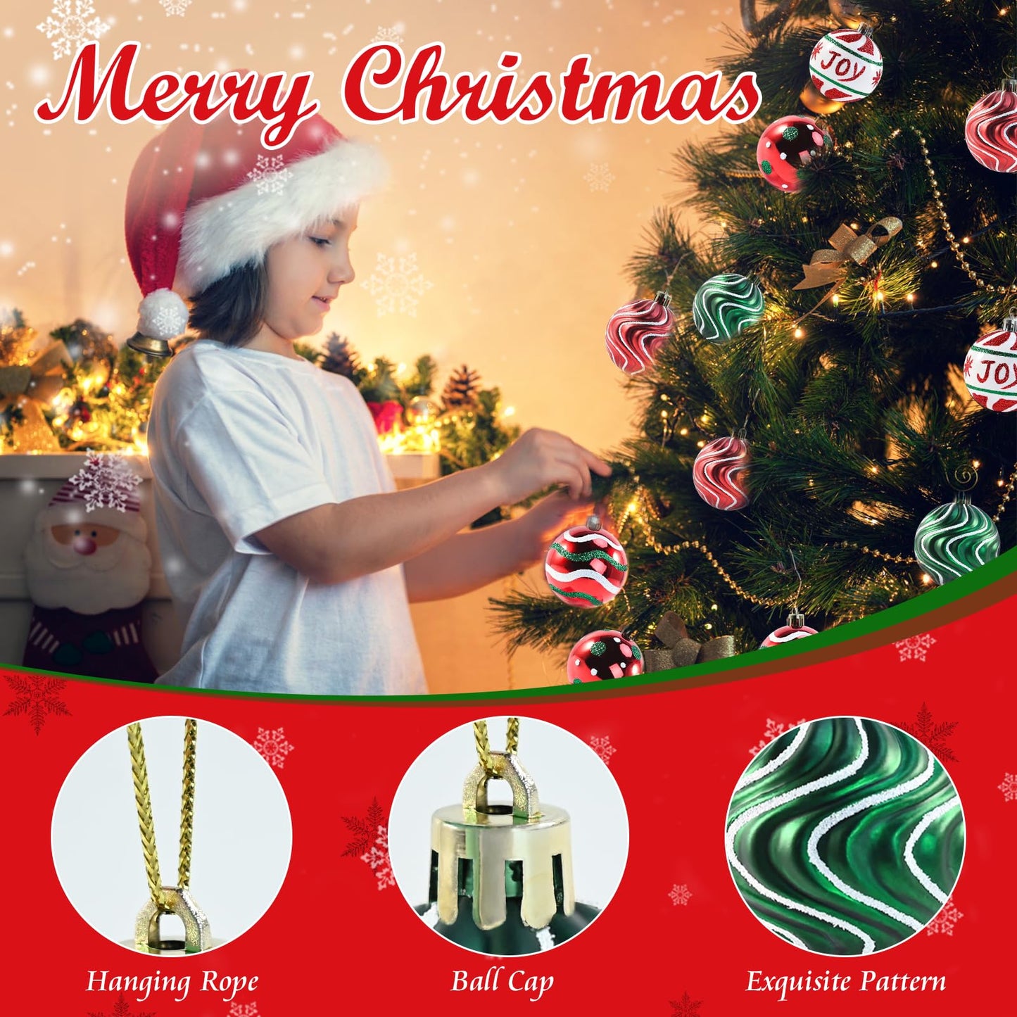30PCS Christmas Ball Ornaments, 2.36" Red Green White Christmas Balls, Shatterproof Xmas Balls Decoration for Christma Tree, Painting & Glittering Hanging Ball for Party Event