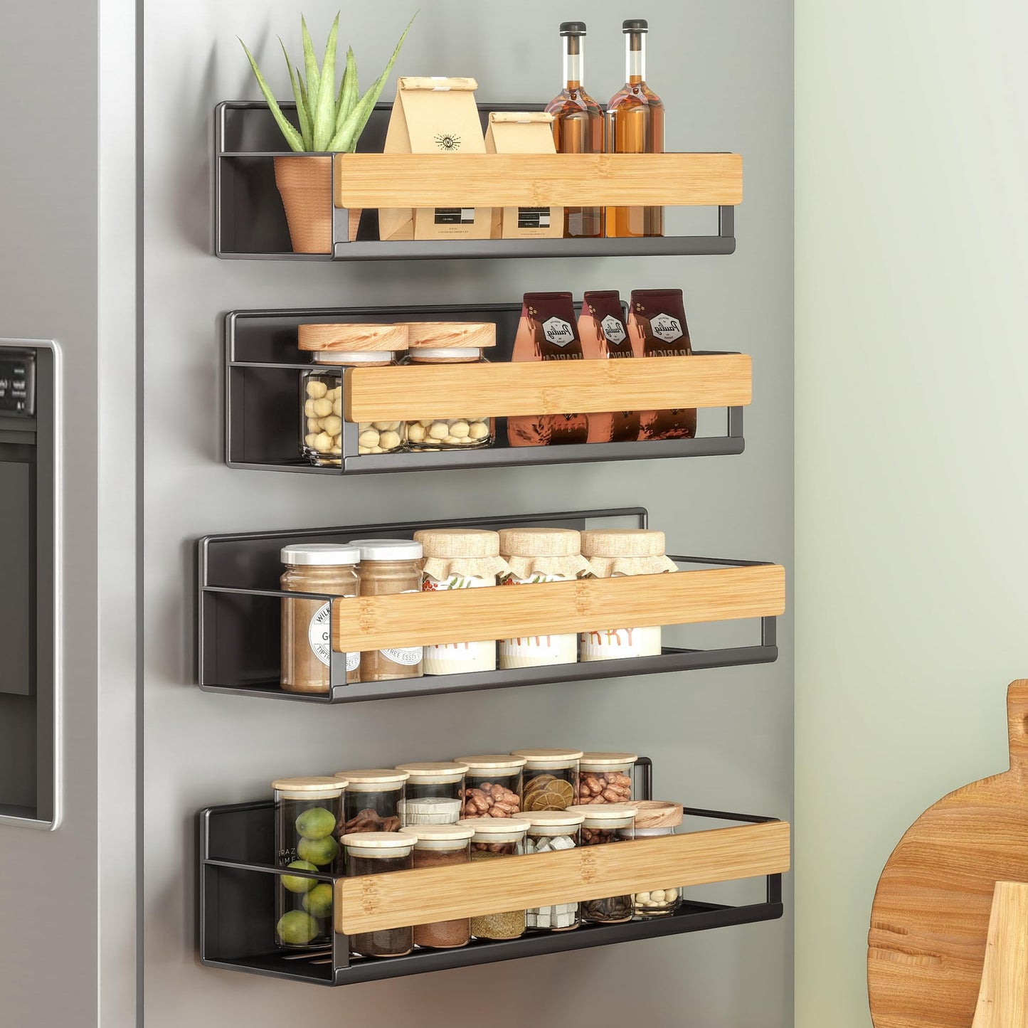 SONGMICS Magnetic Bamboo Spice Rack for Refrigerator, 4 Pack, 2 Large and 2 Small Kitchen Magnetic Shelves for Washing Machine, Spice Organizers, No Drilling Needed, Ink Black UKCS062BH01