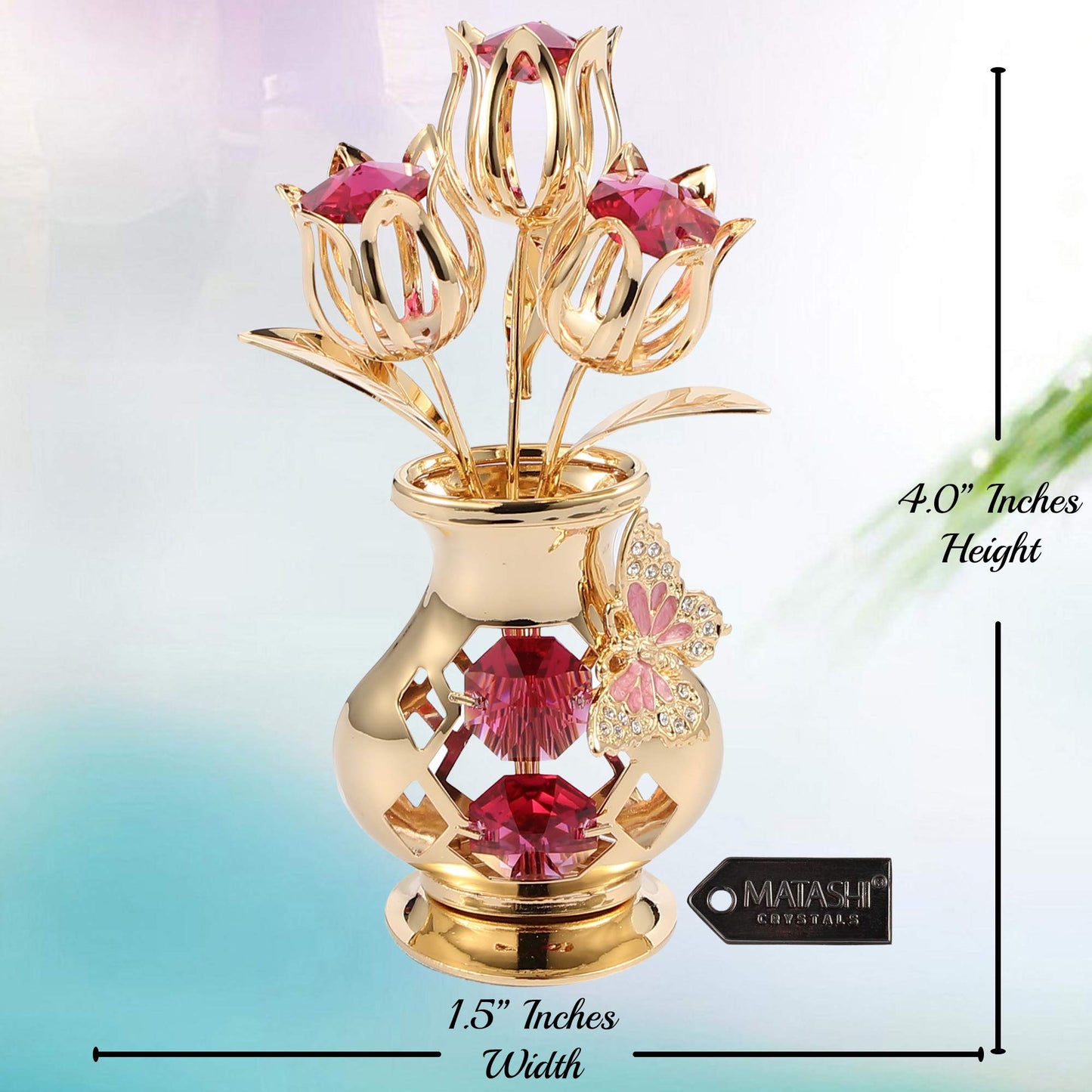 Matashi Crystal Studded 24K Gold Plated Tulip Bouquet in Butterfly Vase – Unique Crystal Flower Figurine for Women, Anniversary, Birthday, and Home Decor Centerpiece