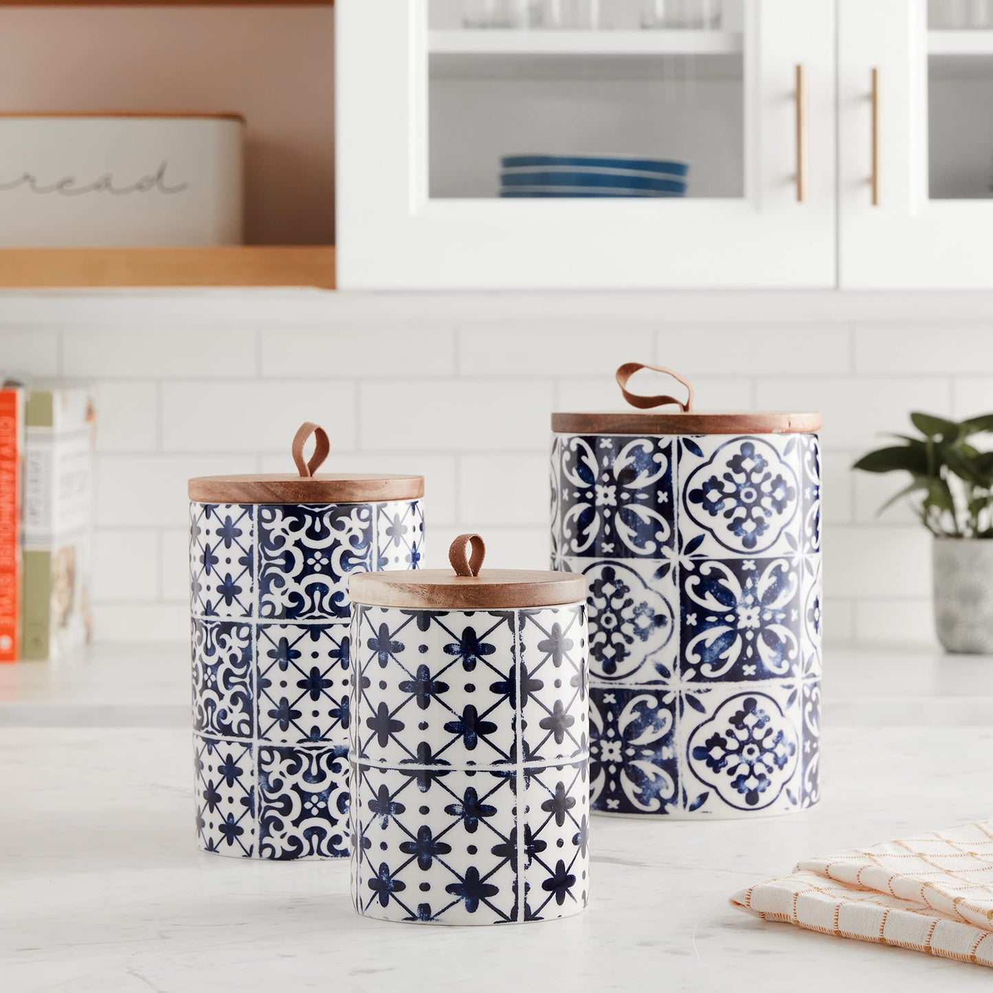 American Atelier Ceramic Canister Set 3-Piece Ceramic Jars in Chic Design With Lids for Cookies, Candy, Coffee, Flour, Sugar, Rice, Pasta, Cereal & More Blue